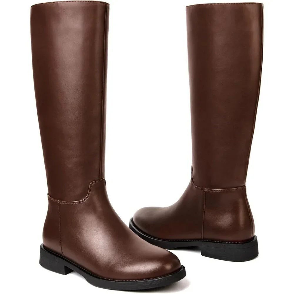 Women's Brown Chunky Low Heels Toe Side Zipper Knee High Boots Rubber